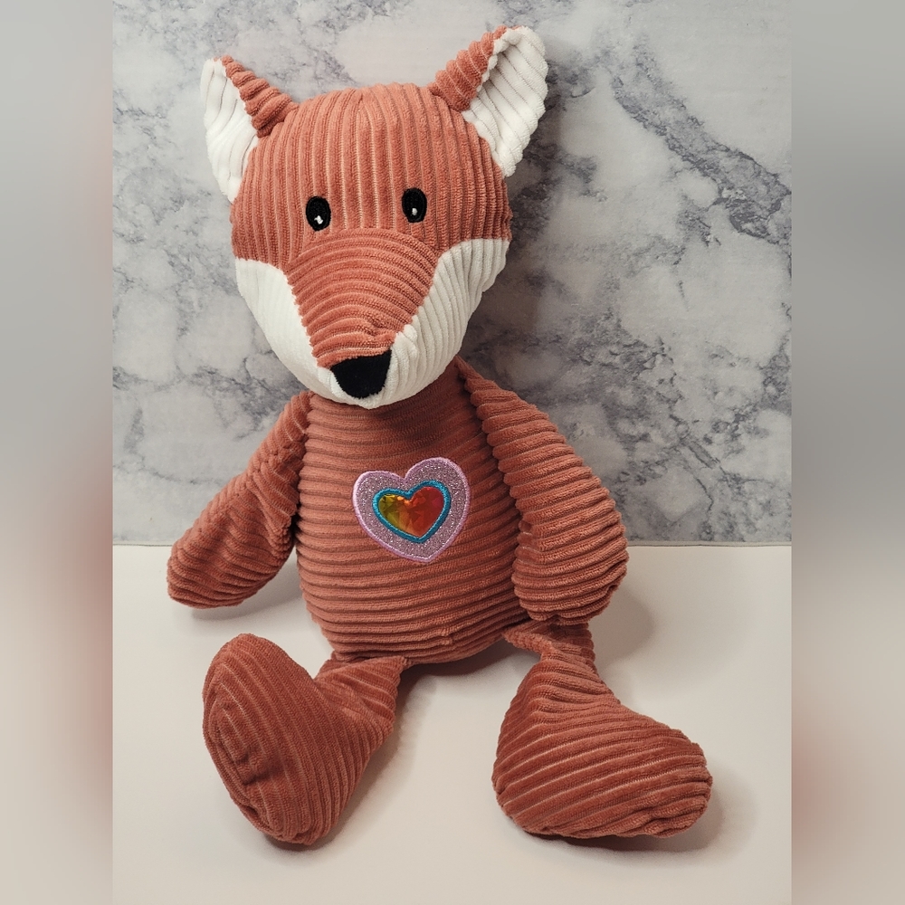 Corduroy Dusty Rose Plush Stuffed Fox with Heart on Chest